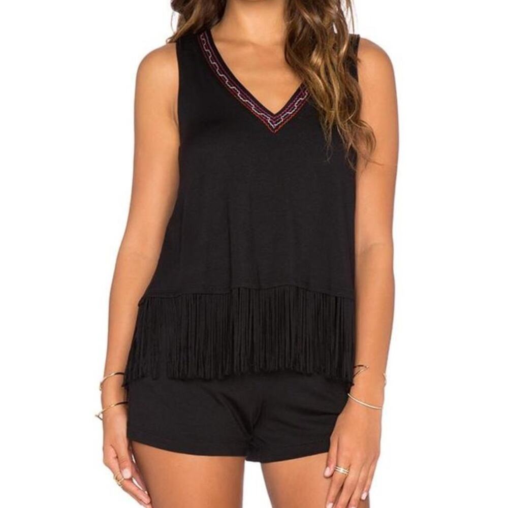 Ella Moss black red embroidered sleeveless fringe trim romper size Medium